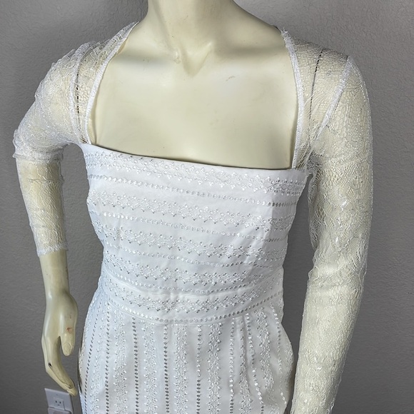 NWOT Sau Square Neck Long Lace Sleeve White Sheath Dress Textured Bridal Sz 8 - Picture 3 of 14